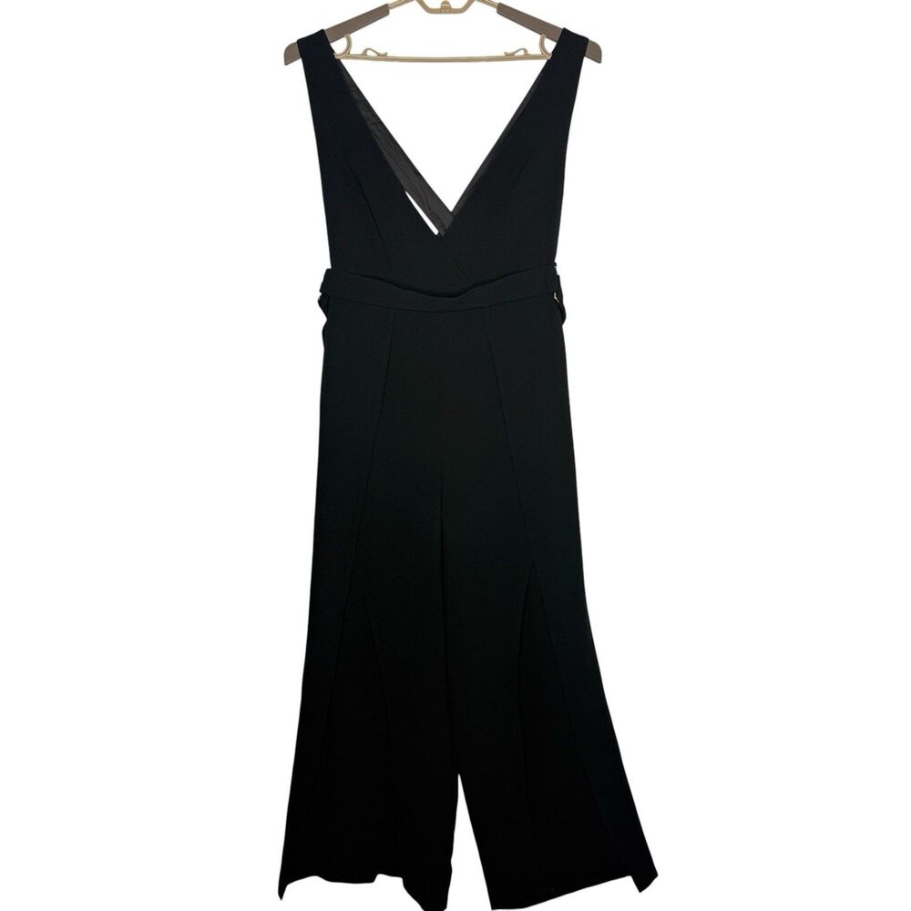 ASOS Black Wide Leg Jumpsuit Size 12 Belted Sleeveless V Neck Plunge Split Leg
